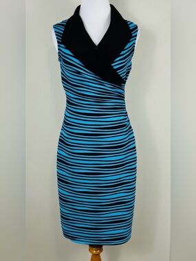 Blue and Black Striped Sleeveless Sheath Dress